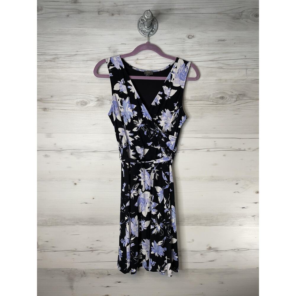 Mix by 41 Hawthorn Dress Womens Medium Black Purple Floral Wrap Sleeveless Lined